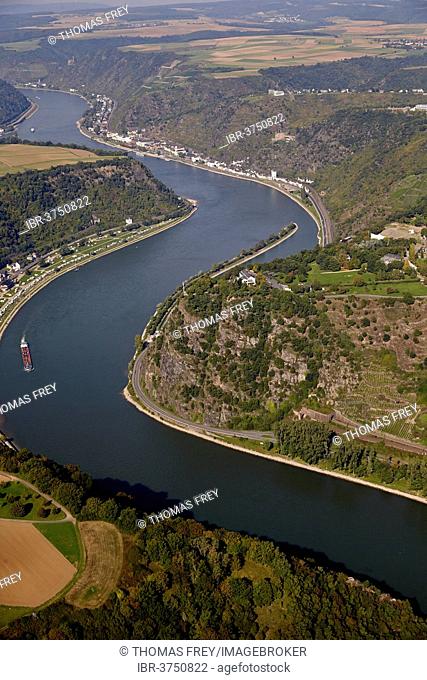 Lorelei rock on the river Rhine, aerial view, St. Goar, Rhineland-Palatinate, Germany