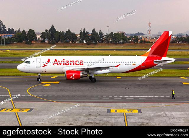 An Airbus A320 aircraft of Avianca Ecuador with registration number HC-CJV at Bogota airport, Colombia, South America