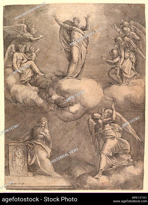 The Annunciation. Artist: Battista Franco (Italian, Venice ca. 1510-1561 Venice); Date: before 1557; Medium: Etching and Engraving; Dimensions: sheet: 13 9/16 x...