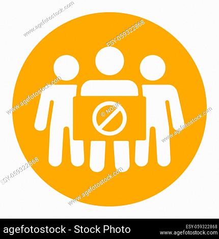 Crowd of people with placard, big sign, banner with forbidden sign vector white glyph icon. Demonstration, protest, strike, revolution