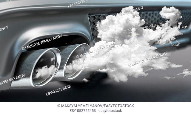 Combustion fumes co2 coming out of car exhaust pipe. Ecology, pollution of environment concept. 3d illustration