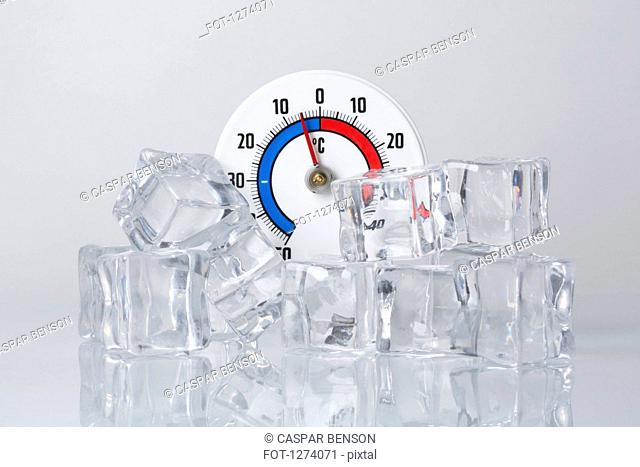 A Celsius thermometer behind a heap of ice cubes