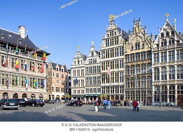 Guild houses with the city hall on the Grote Markt square, Antwerp, Flanders, Belgium, Europe