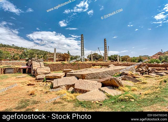 ruins of famous Ancient monolith stone obelisk, symbol of the Aksumite civilization. Aksum, Ethiopia. UNESCO World Heritage site