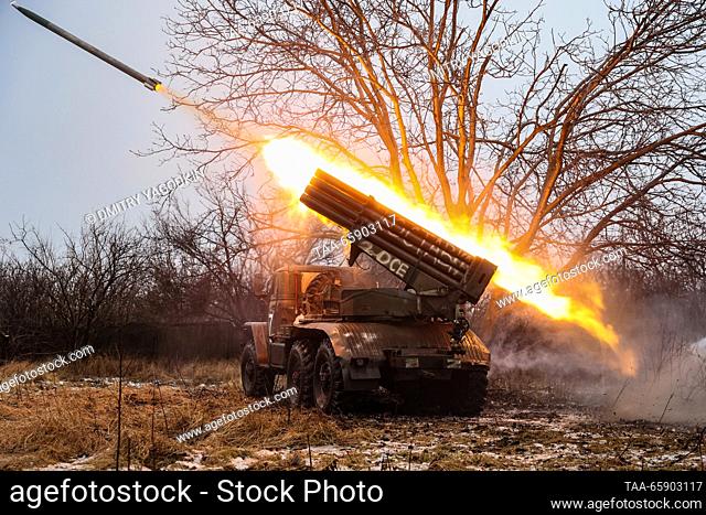 RUSSIA - DECEMBER 19, 2023: A Grad multiple rocket launcher fires rockets on the Donetsk direction of Russia's special military operation