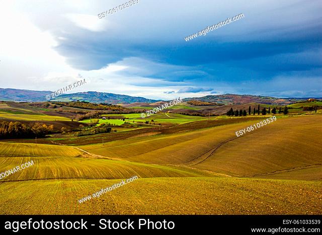 Rural farms. Smooth rows of plowed fields and meadows. Picturesque hills of the legendary Tuscany. Agritourism. Beautiful Italy