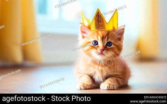 Cute kitten with a paper crown, ruling over its kingdom of toys
