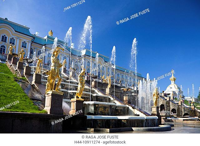 Russia, Europe, Saint Petersburg, Peterburg, City, Peterhof, Palace, Summer Palace, world heritage, park, fountain, statues