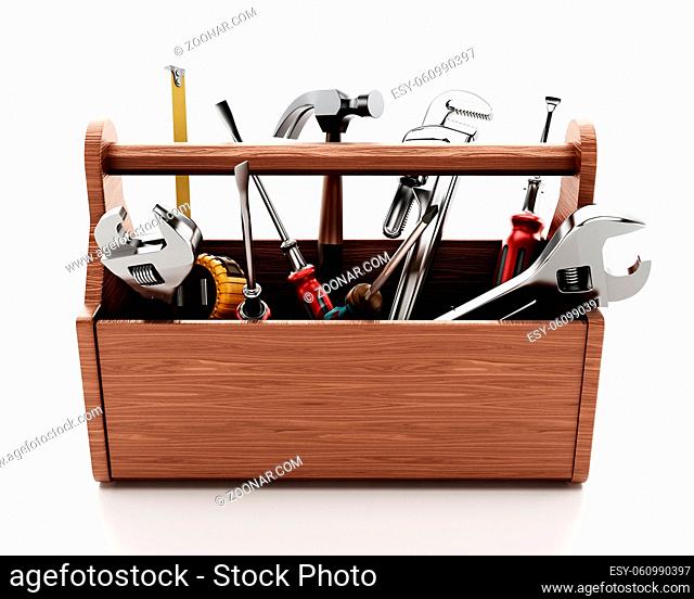 Wooden toolbox with various hand tools isolated on white background. 3D illustration