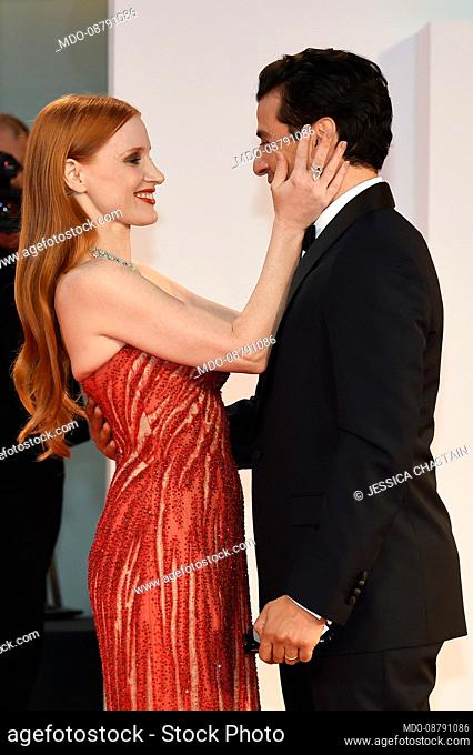 American actors Oscar Isaac, Jessica Chastain at the 78 Venice International Film Festival 2021. Scenes From a Marriage red carpet