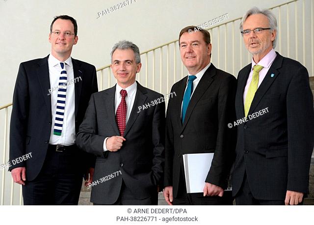 Mayors Michael Ebling (Mainz, L-R), Peter Feldmann (Frankfurt Main), Claus Kaminsky (Hanau) and Horst Schneider (Offenbach) pose in city hall in Frankfurt Main