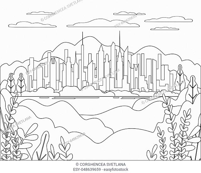 Thin line city landscape flat. Panorama design urban modern city with high skyscrapers, buildings, mountains, hills, trees, sky, clouds and sun
