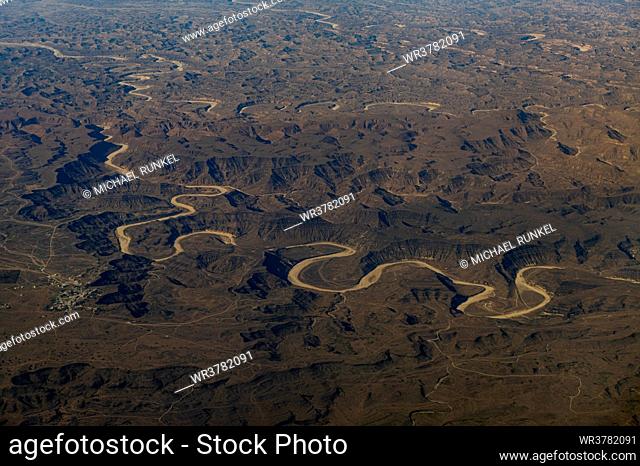 Dry rivers meandering through the mountains around Salalah, Oman, Middle East