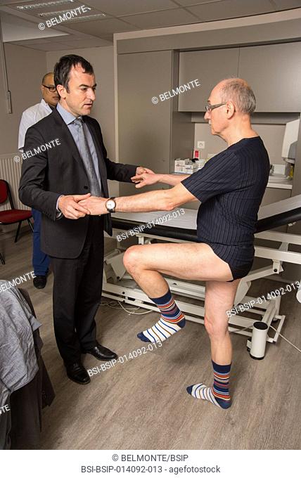 Reportage in Nollet Clinic in Paris, France. Post-op consultation (hip replacement) with Dr Nogier, a hip surgeon. Testing monopodal stance