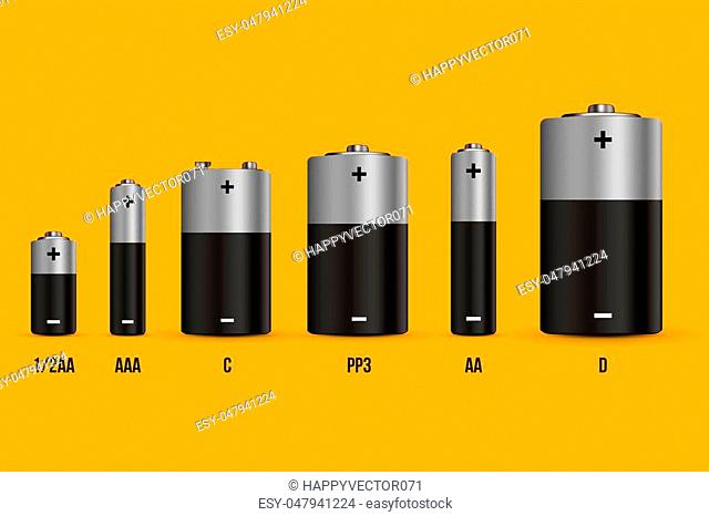 Creative vector illustration of realistic alkaline battery set with diffrent size isolated on transparent background. Art design blank mockup template