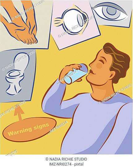 Collage of the warning signs of diabetes showing an overweight man drinking water, frequent urination, foot nerve pain, and eye cataract