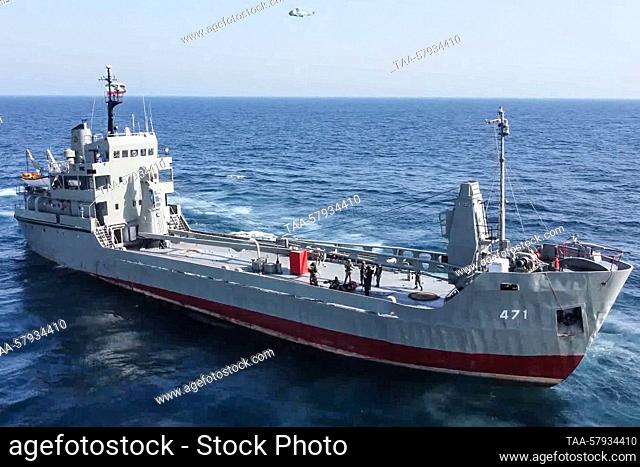 MARCH 18, 2023: Seen in this video screen grab is an Iranian Navy ship during a joint naval drill in the Gulf of Oman. Naval forces of China, Russia