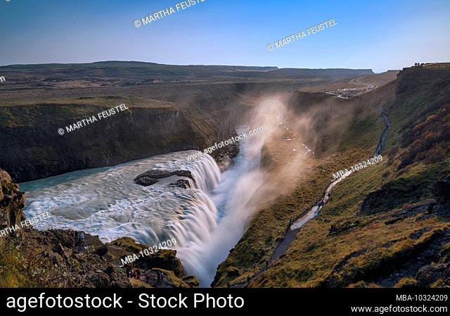 Iceland, the golden waterfall Gullfoss, Sudurland on the golden circle