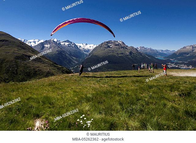 Paraglider start at the Muottas Muragl, paraglider, the Engadine, Oberengadin, Switzerland, aviation, paragliding, Grisons, area of Maloja