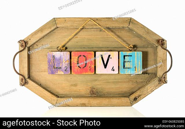 love text letters on wooden background isolated on white