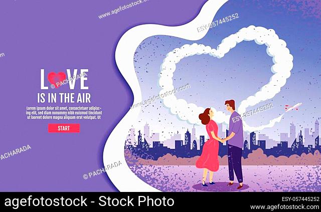 Couples hold hands in the garden. The sky is Heart-shaped, Valentins Day, Love, Vector Illustration