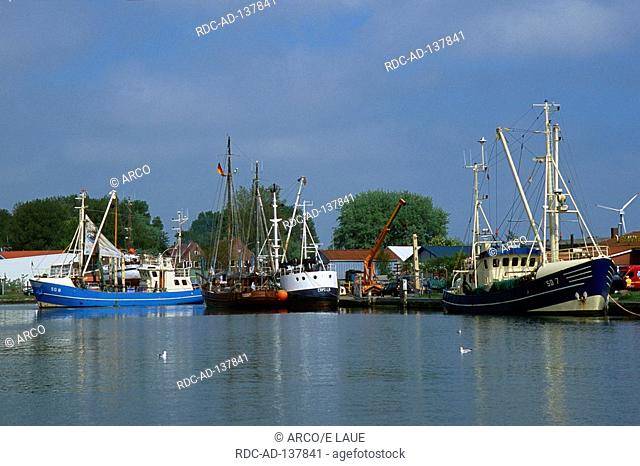 Shrimps cutter and fish cutter harbour Busum Schleswig-Holstein Germany Büsum