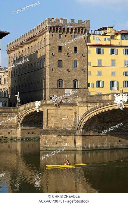 Kayaker in Arno River, Florence, Tuscany, Italy