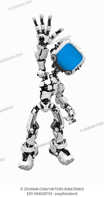 Small 3d robotic figure waving, over white, isolated
