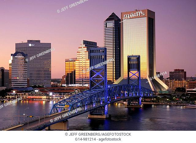 Florida, Jacksonville, Saint St  Johns River, John Alsop Bridge, Main Street Bridge, downtown, Jacksonville Landing, city skyline, Modis Building, skyscraper