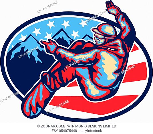 Illustration of a snowboarding spin jumping on snowboard set inside oval with alpine alps mountains and American stars and stripes flag in background done in...