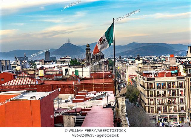 Santo Domingo Church Mexican Flag Mountains Zocalo Mexico City Mexico