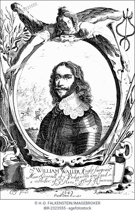 Historic drawing, portrait of Sir William Waller, 1597 - 1668, an English soldier in the English Civil War