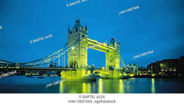 alienated, At night, Bridge, England, Great Britain, Europe, illuminated, London, Night, Of tower bridge, Panorama