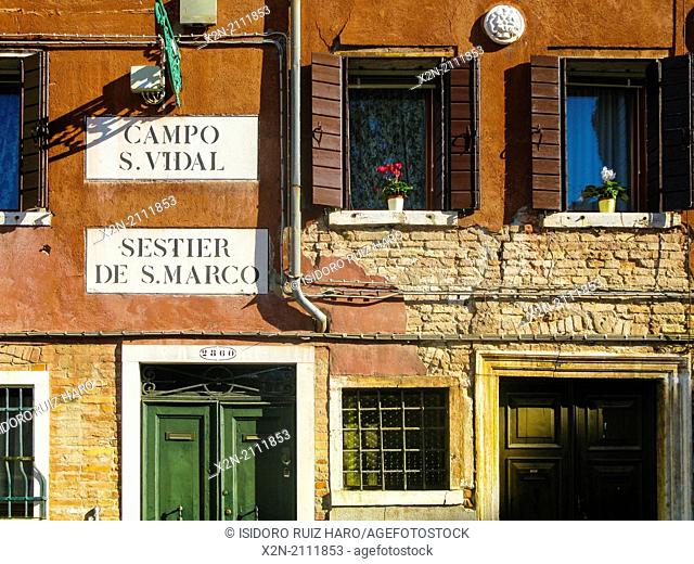 Façade of an old building in Sestier San Marco. Venice. Veneto. Italy