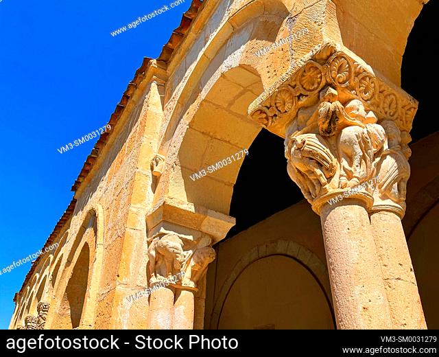 Capitals of the atrium. San Juan church, Orejana, Segovia province, Castilla Leon, Spain