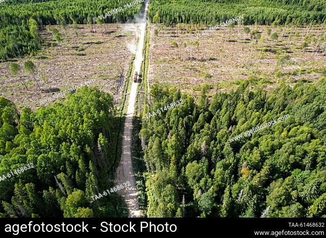RUSSIA, VOLOGDA REGION - AUGUST 23, 2023: A lorry returns from a timber site of Vozhega-Les, a logging company based in the village of Kadnikovsky and owned by...