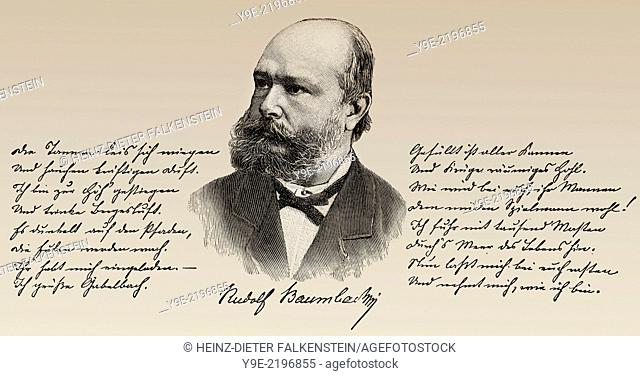 hand-written manuscript and portrait of Rudolf Baumbach or Paul Bach, 1840 - 1905, a German poet,