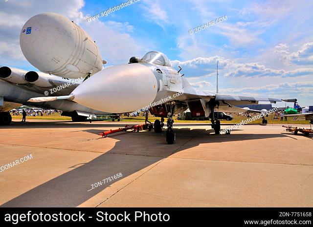MOSCOW, RUSSIA - AUG 2015: Su-27 Flanker presented at the 12th MAKS-2015 International Aviation and Space Show on August 28, 2015 in Moscow, Russia