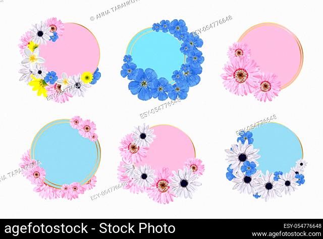 set of spring frames. A collection of wreaths of flowers to insert text. Place for an inscription. Spring colors. sale sticker
