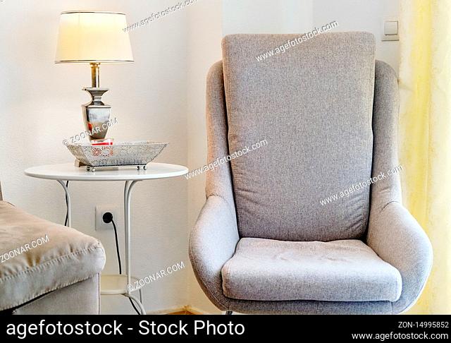 Grey colour modern cozy arm chair inside of light pretty living room