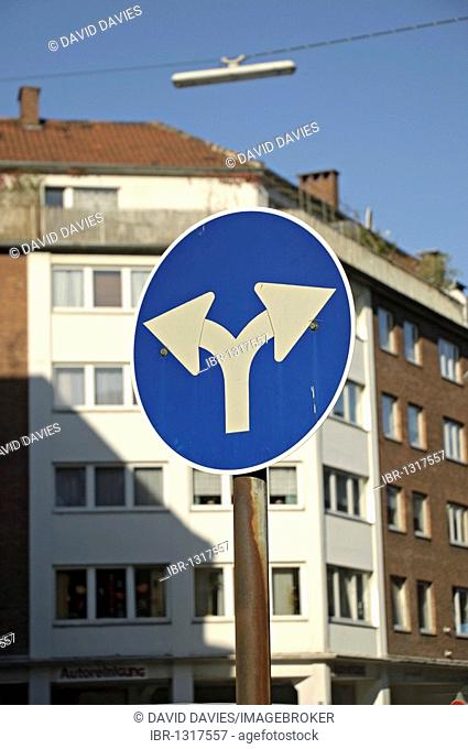 Road sign, left or right turn only, Duesseldorf, North Rhine-Westphalia, Germany, Europe