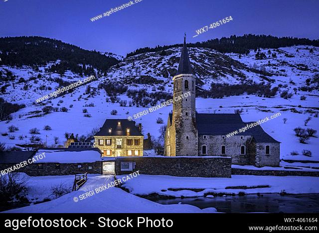 Montgarri hut and church at night in winter (Aran Valley, Catalonia, Pyrenees, Spain)