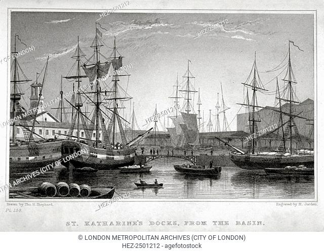 View of St Katharine's Dock from the basin, London, c1830. The docks opened in October 1828. They were the only major project to be undertaken in London by the...