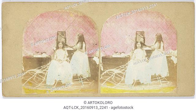 Scene in boudoir: girl combs hair of another girl in crinoline, Anonymous, 1855 - 1865