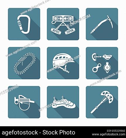 vector monochrome white color flat design various climbing gear carabiner harness helmet rope shoes belay cam bolt hanger hold descender pulley ice axe icons...