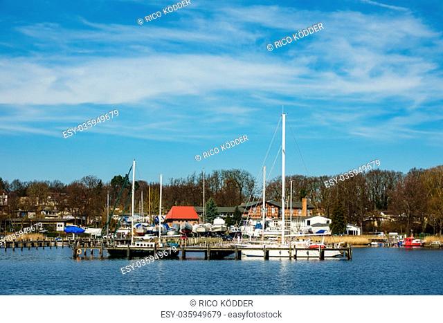 view over the warnow to a marina in rostock