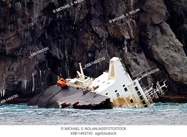 View of the wreck of the MS Oliva on Nightingale Island, part of the Tristan da Cunha Group, South Atlantic Ocean  MORE INFO At 04:30 on March 16th, 2011 The 75