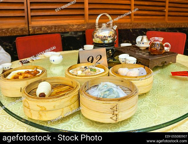 Having dim sum for breakfast at a restaurant in Foshan City; Guangdong Province; China