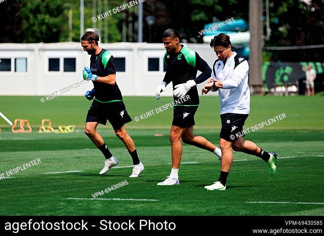 Cercle's goalkeeper Sebastien Bruzzese and Cercle's goalkeeper Warleson Steillon Oliveira pictured in action during the first training session of Belgian first...