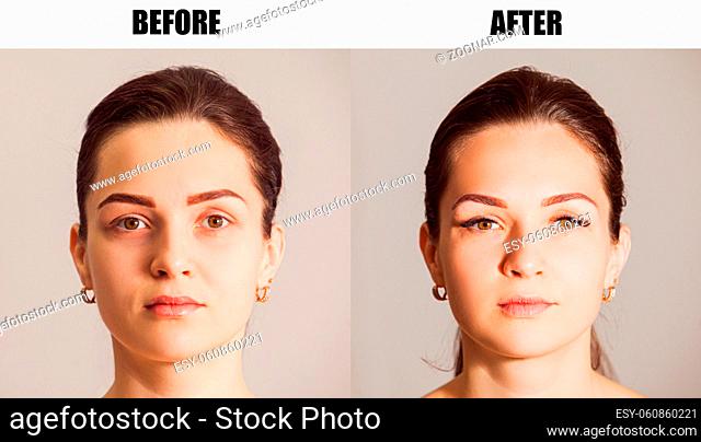 Portrait of beauty model before and after eyelash extension procedure